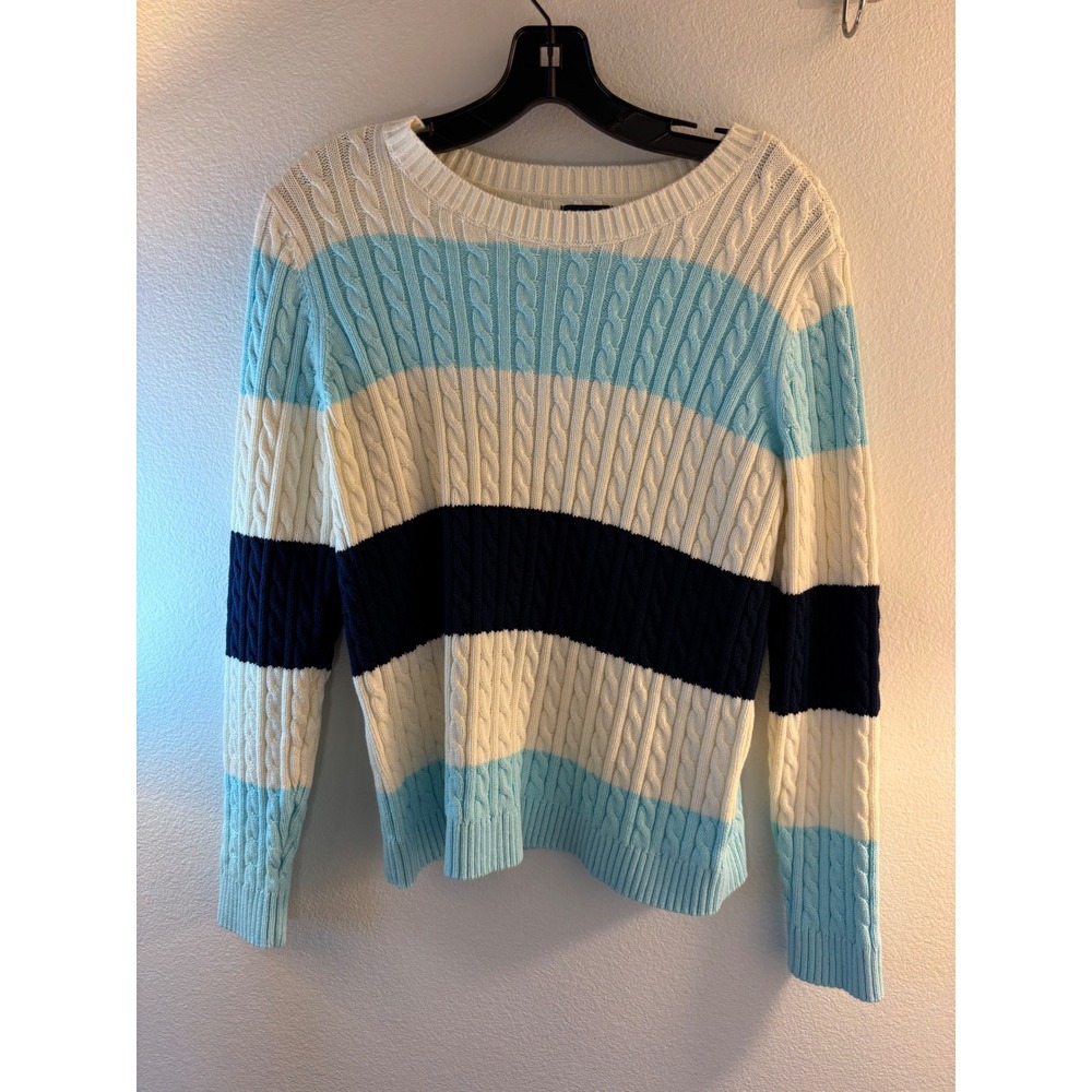 Lands End Drifter Cable Knit Sweater Blue Cream Striped Cotton Crew Neck S 6-8